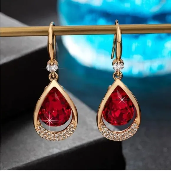 14K Yellow Gold and Ruby Red Austrian Crystal Teardrop Halo Drop Hook Earrings